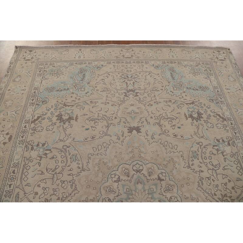 Hand Knotted Oriental 100% Wool Carpet Traditional Floral Beige & Ivories Tabriz Area Rug - 9' 5'' X 6' 2''