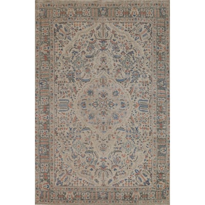 Beige Floral Tabriz Persian Vintage Area Rug Hand-Knotted Wool Carpet - 6'9" x 9'7"