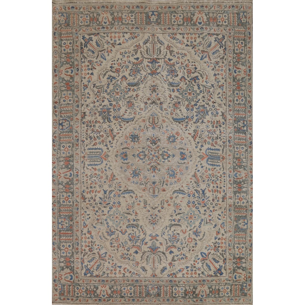 Beige Floral Tabriz Persian Vintage Area Rug Hand-Knotted Wool Carpet - 6'9" x 9'7"