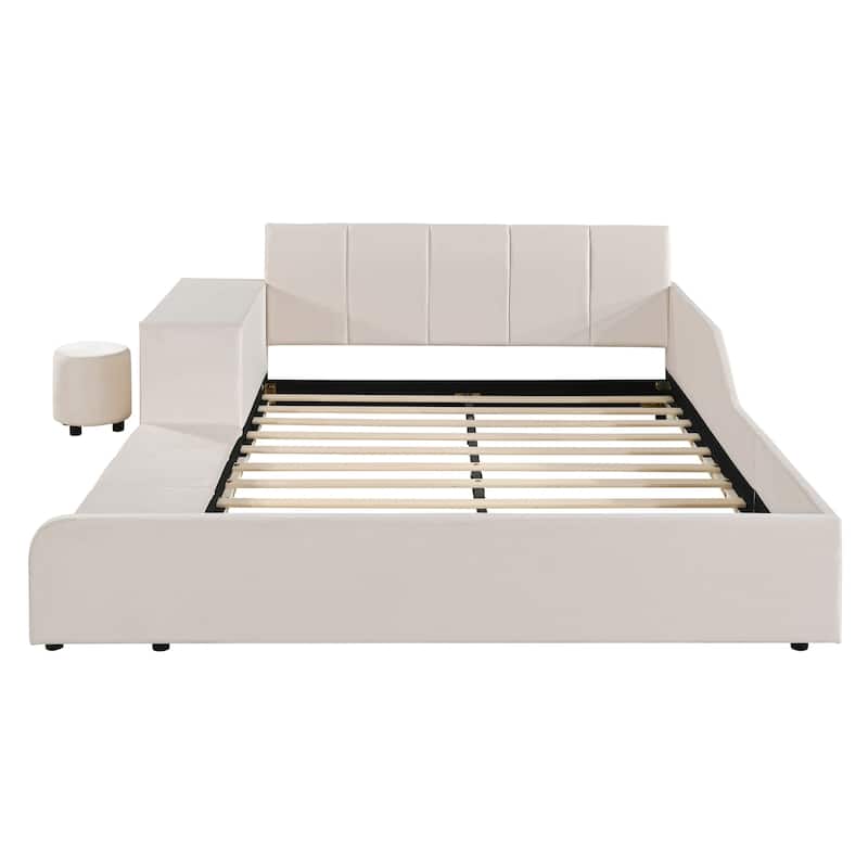 Full Size Upholstered Grounded Bed, Mother & Child Bed with Bedside Desk and Little Round Stool, Velvet, Beige