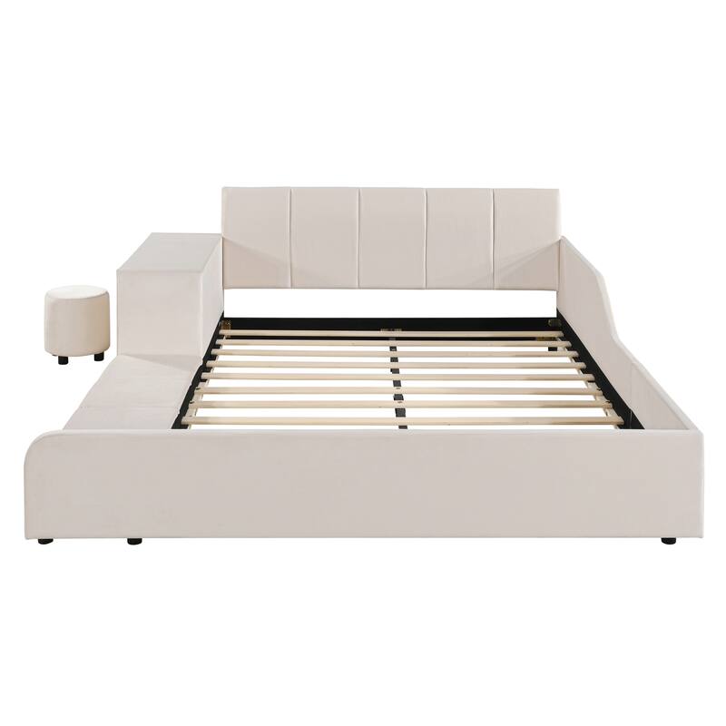 Full Size Upholstered Grounded Bed, Mother & Child Bed with Bedside Desk and Little Round Stool - Beige - Full