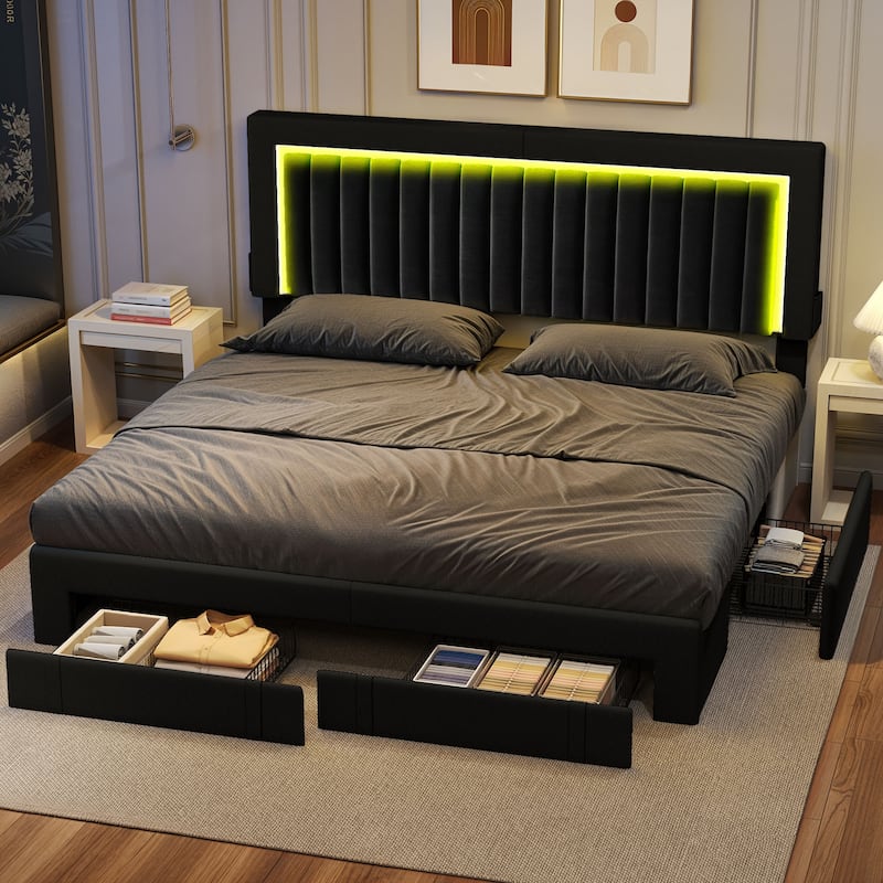 Velvet Upholstered Platform Bed Frame with Adjustable Headboard and 4 Storage Drawers & RGB LED Lights