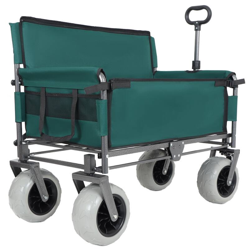 3-in-1 Folding Wagon with Bench Seat - 500lbs Capacity, 9"x4" Beach Tires for Camping & Beach, green