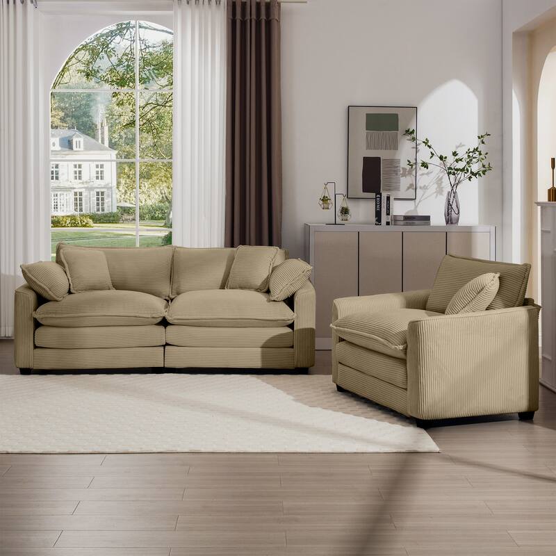 2+1 Seat Flexible Combinations Sofa Set with Throw Pillows, Corduroy Fabric Sofa with Removable Armrests