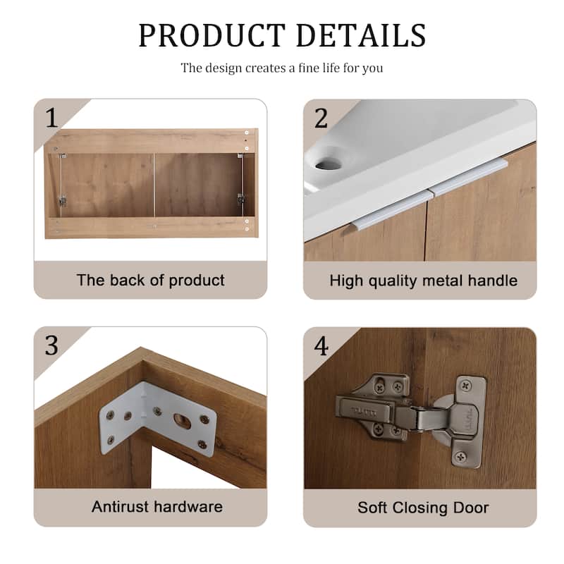 BNK 24"/30"/36" Single Sink Bathroom Vanity with Soft Close Door, Modern Floating Vanity