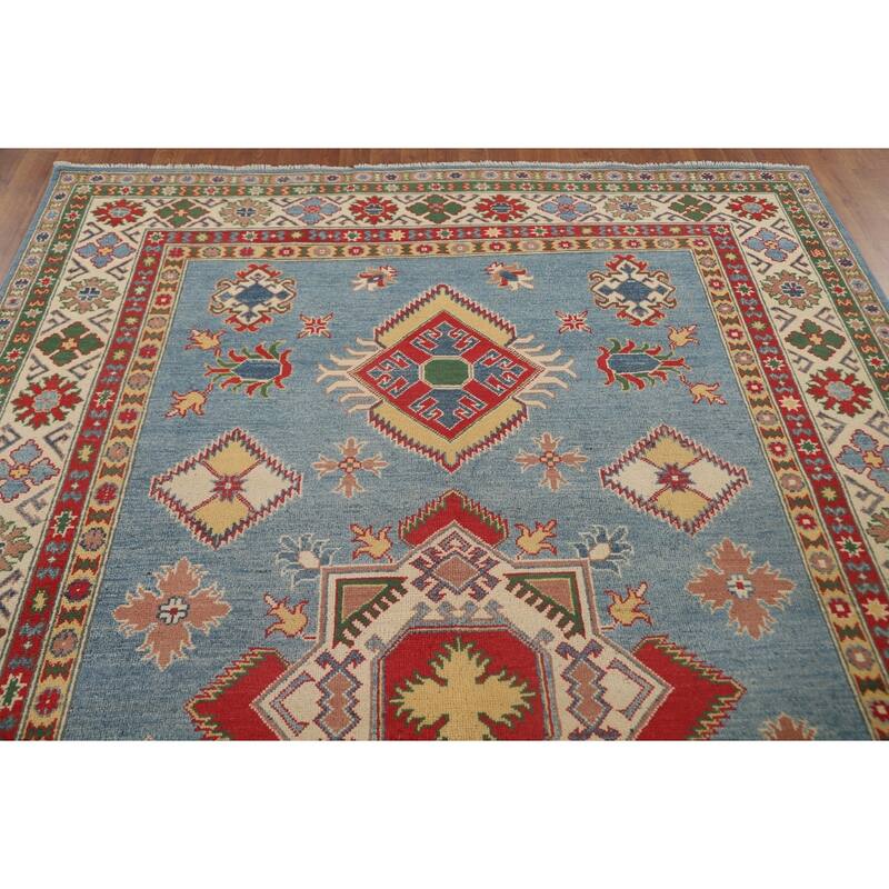 Blue Geometric Kazak Area Rug Hand-Knotted Traditional Wool Carpet - 6'8" x 9'9"
