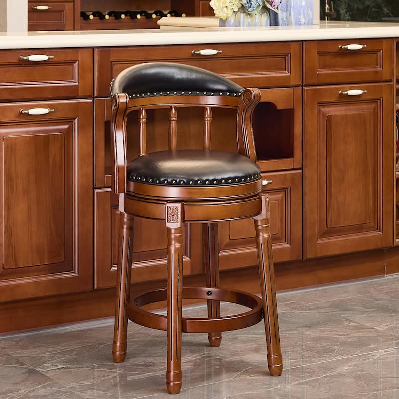 Cow Print Leather Swivel Bar Stool with Back, Wooden Frame & 360-Degree Spin, Bar Height, Black