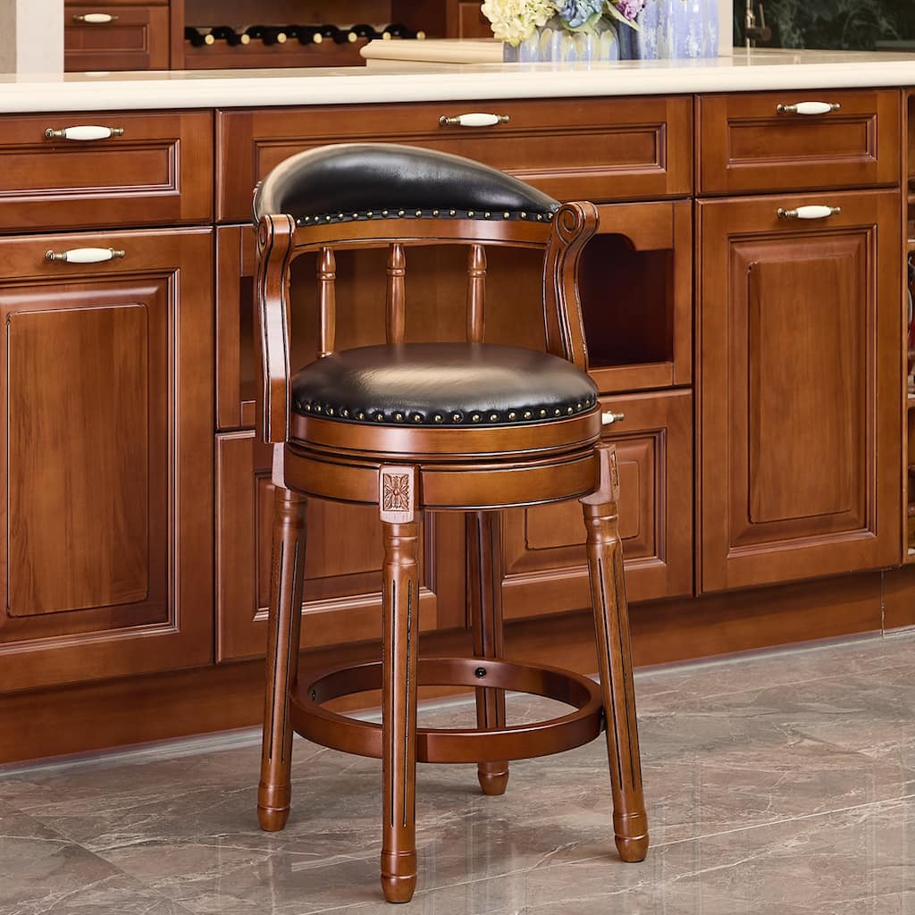Cow Print Leather Swivel Bar Stool with Back, Wooden Frame & 360-Degree Spin, Bar Height, Black