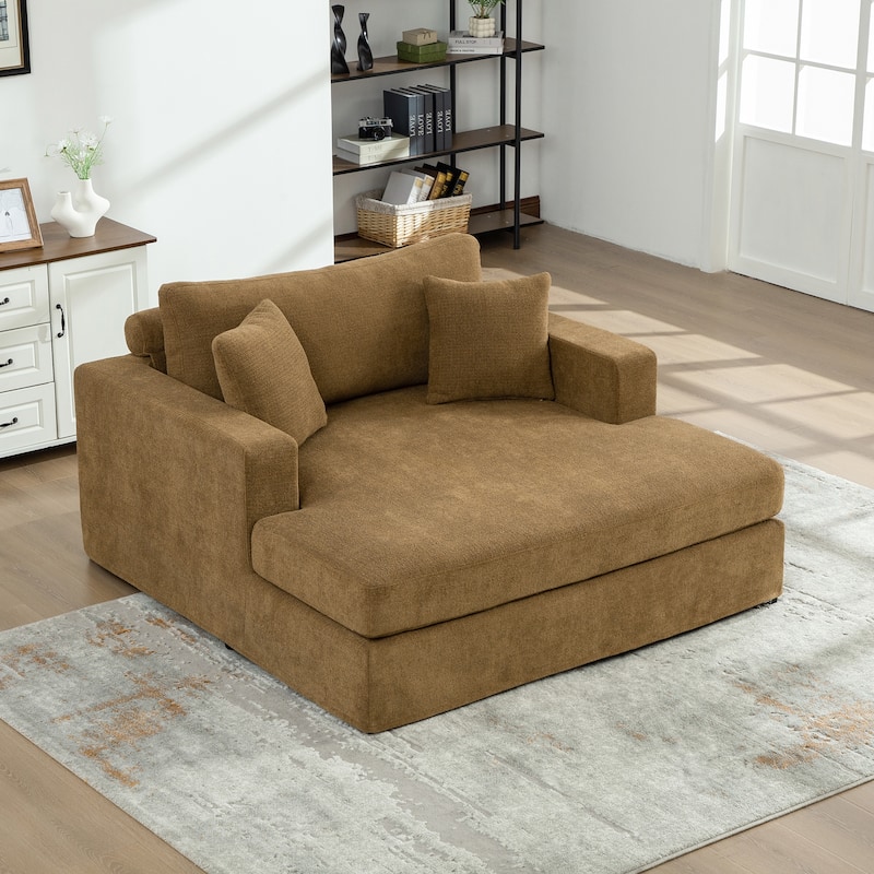 Oversized 56.3" Chaise Lounge Chair Sofa Bed, Chenille Single Couch Floor Boneless Couch with Throw Pillows - Brown