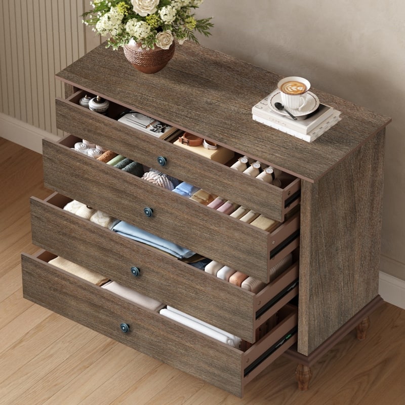 Rustic Wooden 4-Drawer Storage Chest with Metal Knobs and Solid Wood Feet by GDFStudio