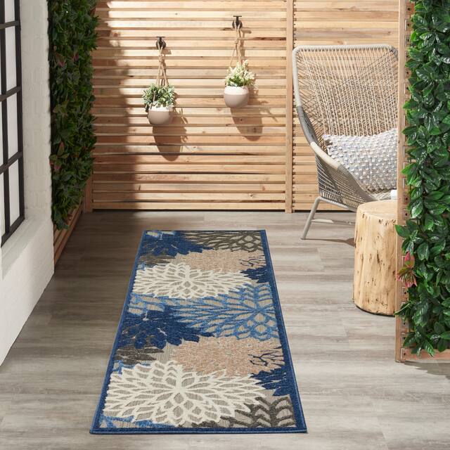 Nourison Aloha Floral Modern Indoor/Outdoor Area Rug - 2' x 6' Runner - Blue/Grey