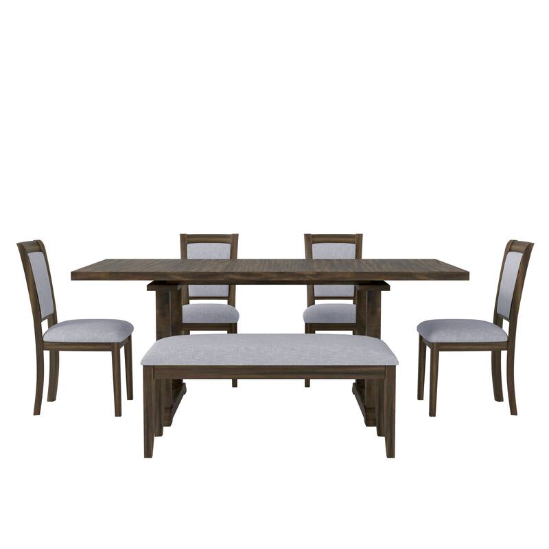 Roomfitters 6-Piece Dining Set, Rectangular Wood Kitchen Table with Trestle Base, 4 Upholstered Chairs and Bench