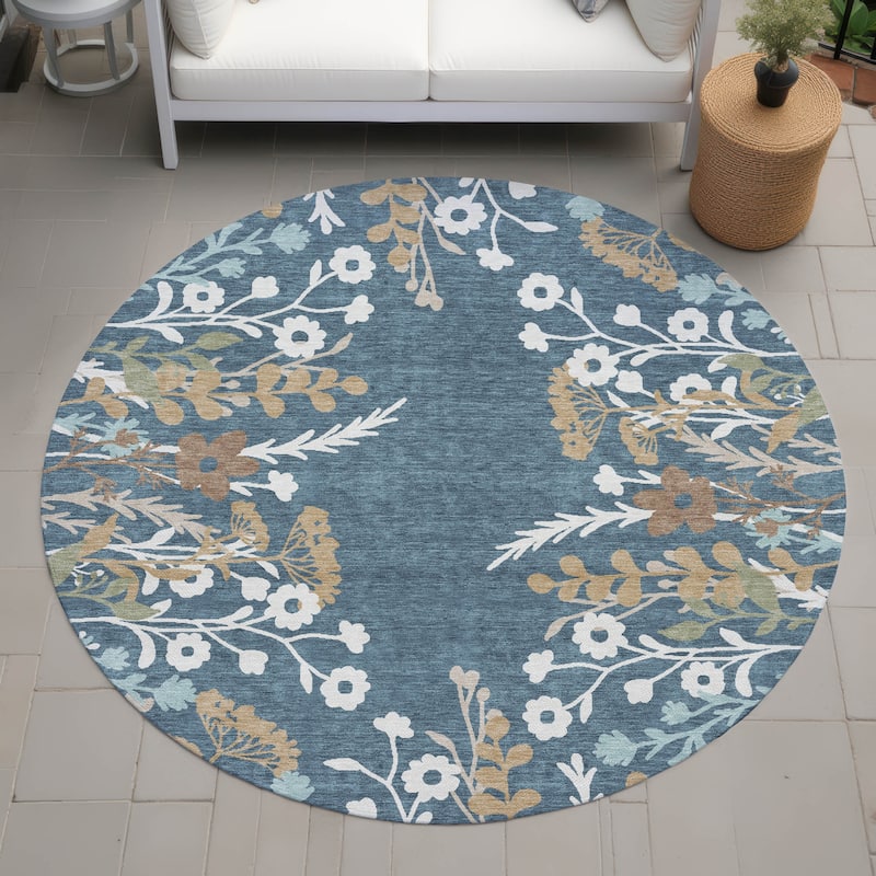 Machine Washable Indoor/ Outdoor Floral Border Chantille Rug - Denim - 8' x 8'