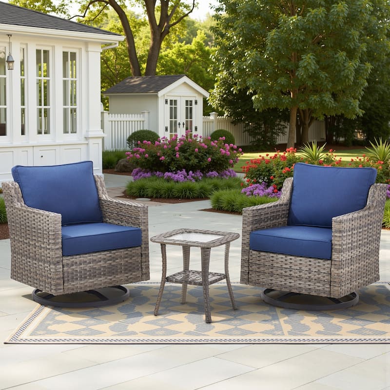 Glissia 3-Piece Gray Wicker Outdoor Swivel Glider Chair Set with 4-Inch Thick Cushions and Side Table