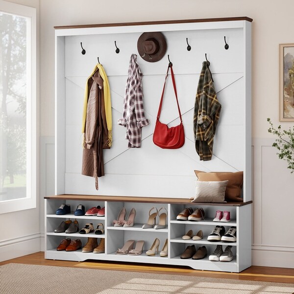 Moasis Hall Tree Coat Rack with Bench Shoe Storage w/ 10 Hooks for
