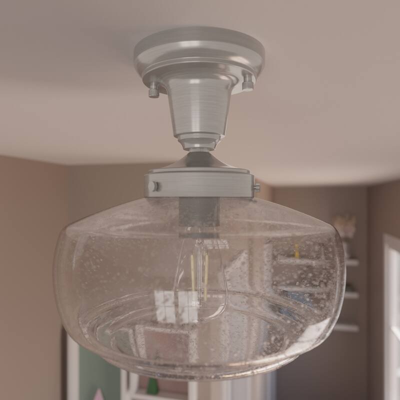 Hunter 10" Saddle Creek 1 Light Pendant or Semi-Flush Mount Ceiling Light - Kitchen Island, Dining Room, Entry - Brushed Nickel - Seeded Glass