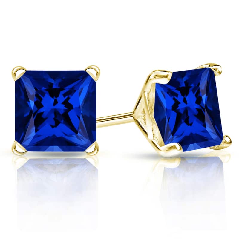 Auriya 14k Gold Lab Grown Gemstone Blue Sapphire Stud Earrings Princess 0.25 to 5.00 ct. tw. 4-Prong Martini Push-Back