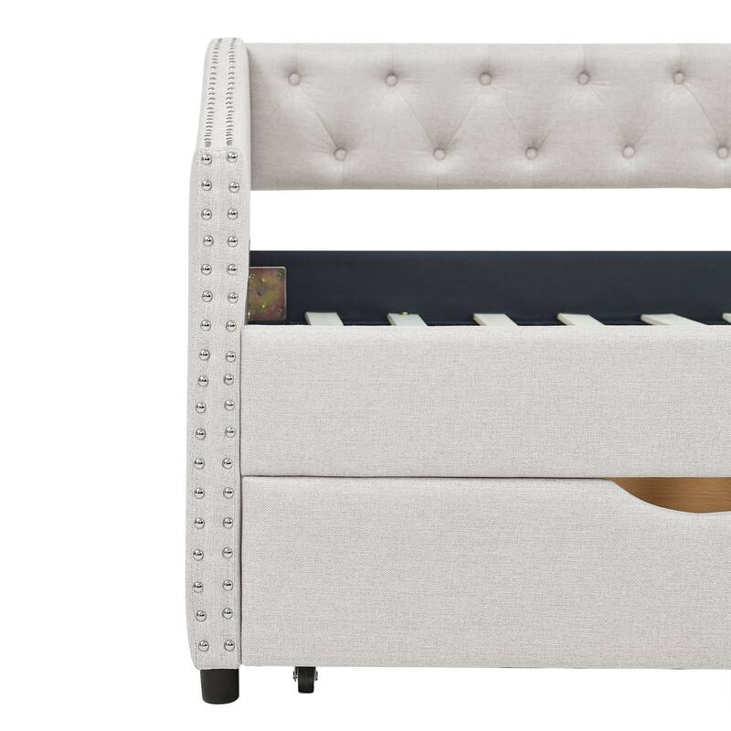 Linen Upholstered Daybed Frame with 2 Drawers & Tufted Backrest