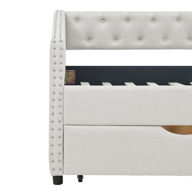 Mid-Century Linen Upholstered Daybed Platform Bed Frame with Storage Drawers, Button Tufted Back and Nailhead Trim Arms