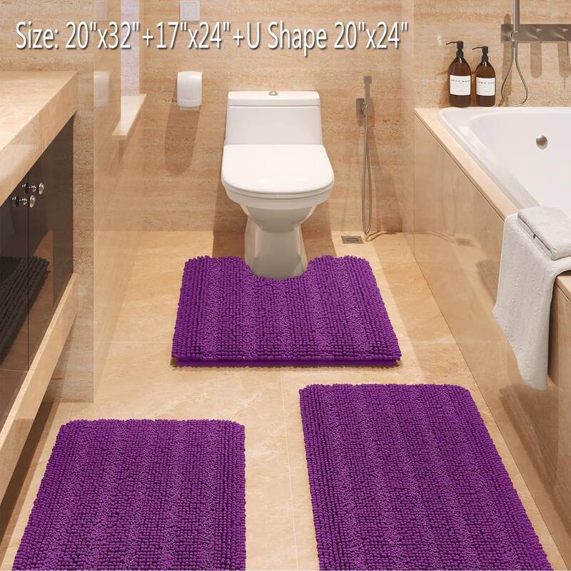 Ultra Soft Striped Non Slip Chenille Bathroom Rug Set 3 Pieces - Purple