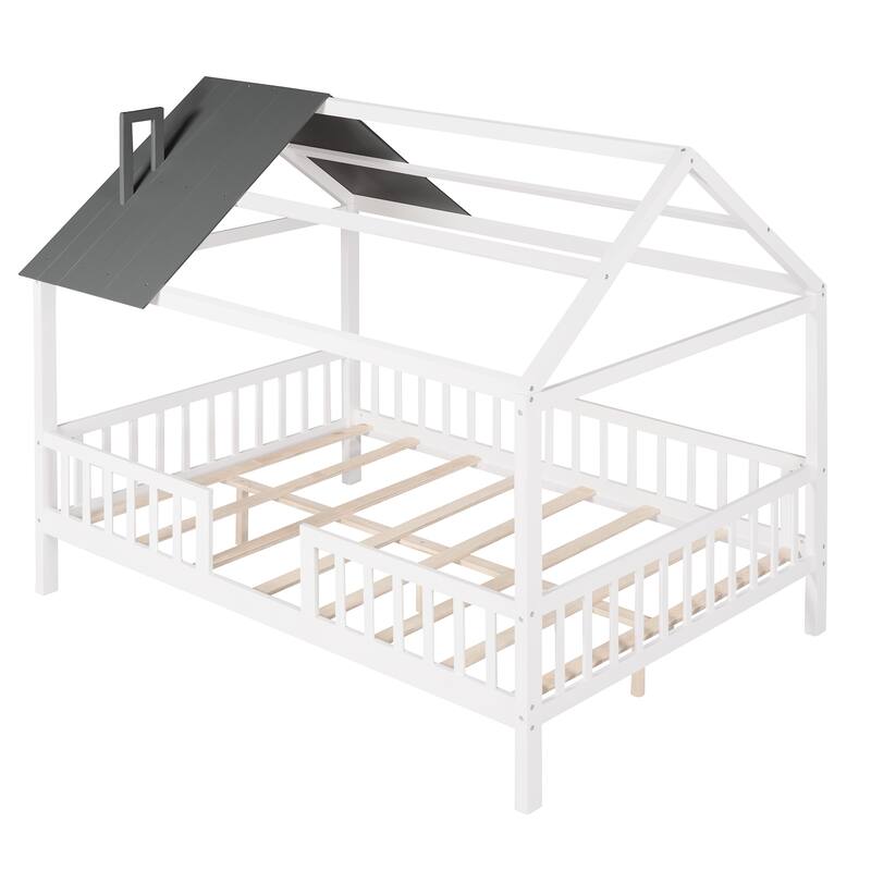 Pine House Platform Bed with Roof and Fence