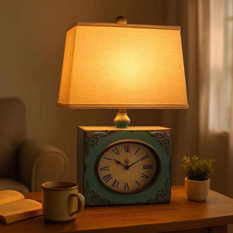 Clock Design Metal Table Lamp Set of 2 with Tapered Shade, Blue and Beige