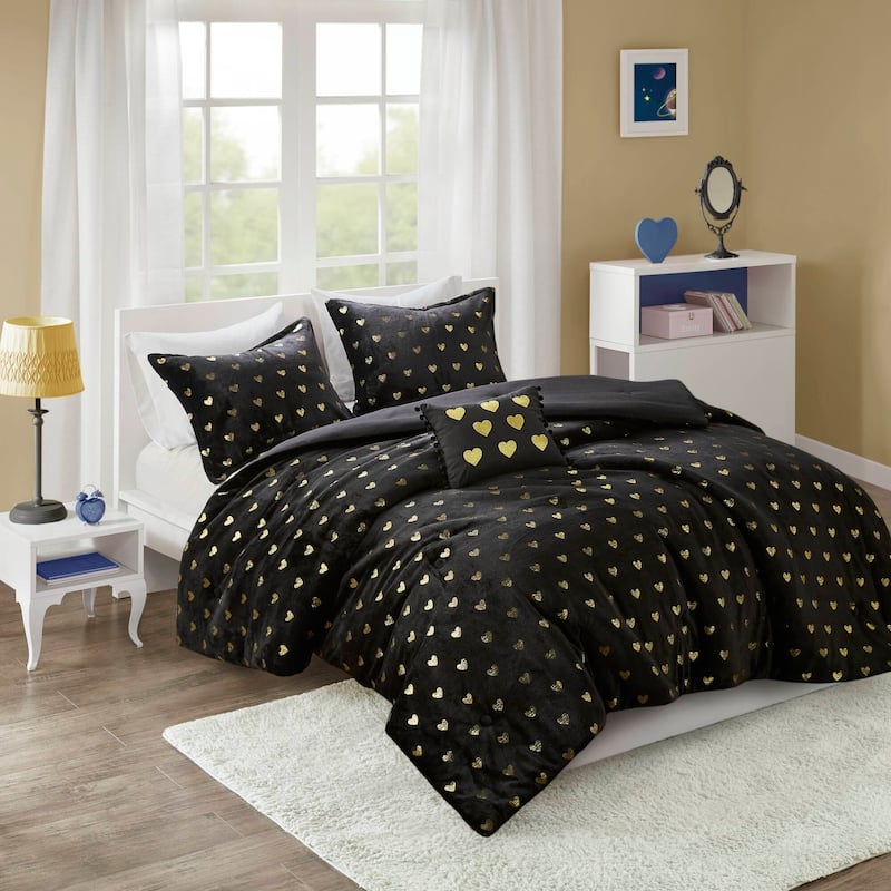 3 PCS Twin/Twin XL Metallic Printed Plush Comforter Set with Throw Pillow Black/Gold - Black