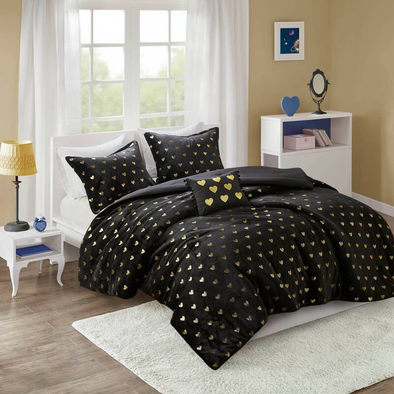 3 PCS Twin/Twin XL Metallic Printed Plush Comforter Set with Throw Pillow - Black