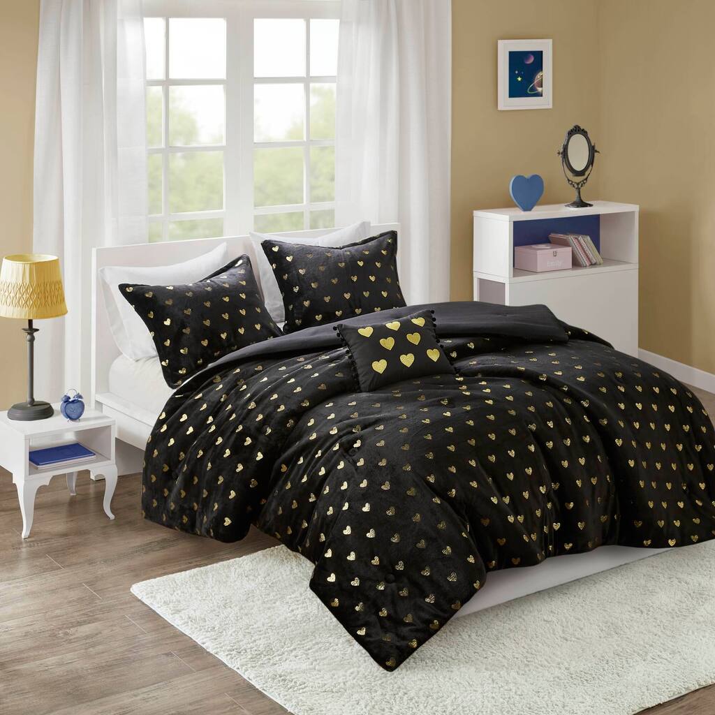 4 PCS Full/Queen Metallic Printed Plush Comforter Set with Throw Pillow
