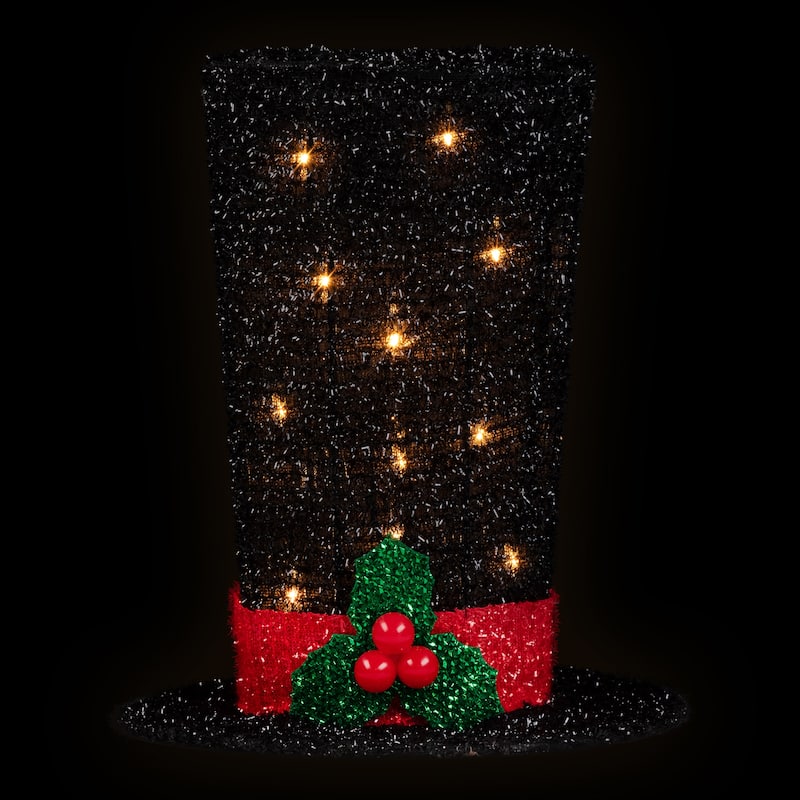 9.25" Lighted Black Tinsel Top Hat Christmas Tree Topper, Clear Lights