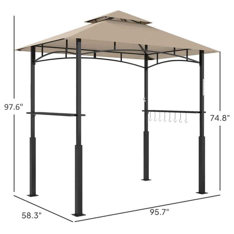 Khaki Double Roof Grill Gazebo with Shelves Hooks and Lights for Outdoor BBQ Cooking Station - 95.7" L x 58.3" W x 97.6" H