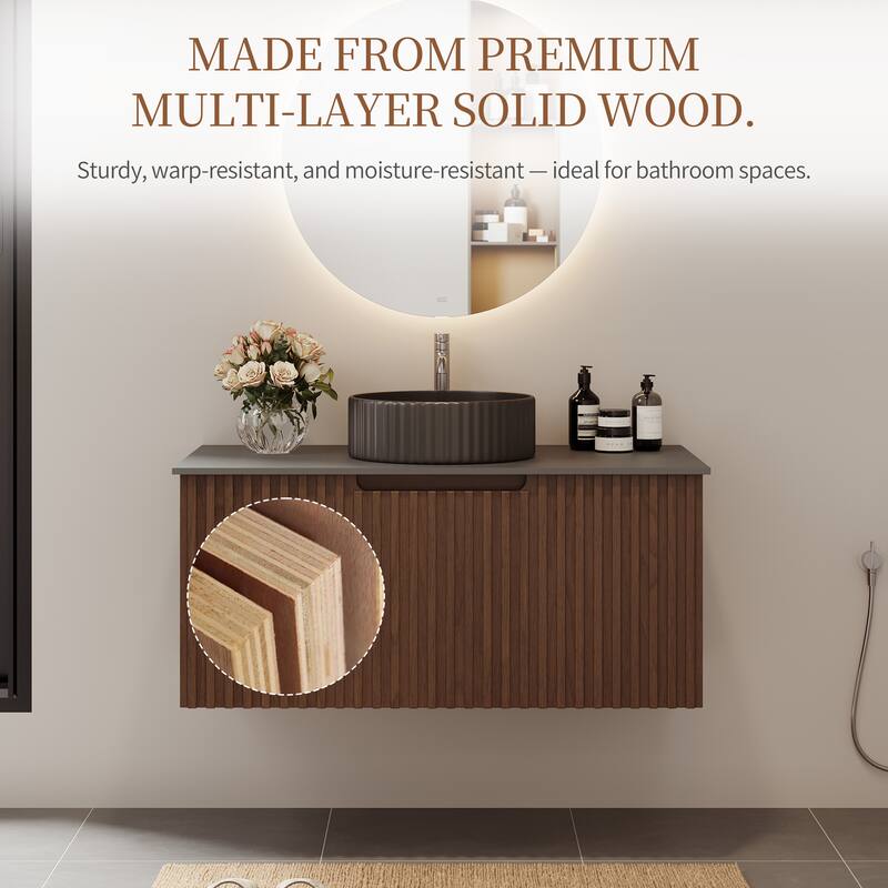 35.43" Floating Single Bathroom Vanities, Solid Wood, Grey Sintered Stone top