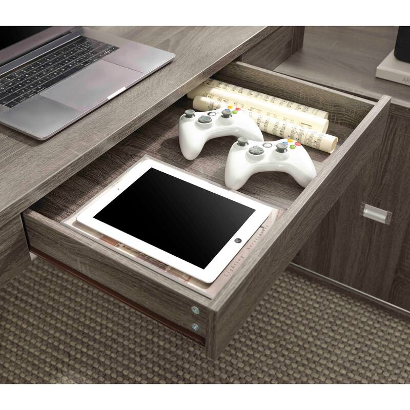 GDFStudio - Natalie L Shaped Workstation Desk with Mini Hutch, Sliding Door Credenza, USB Charging Port