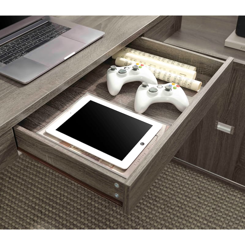 L-Shaped Workstation Home Office Desk Grey Mini Hutch Return Credenza Sliding Door Aluminum Metal Hardware