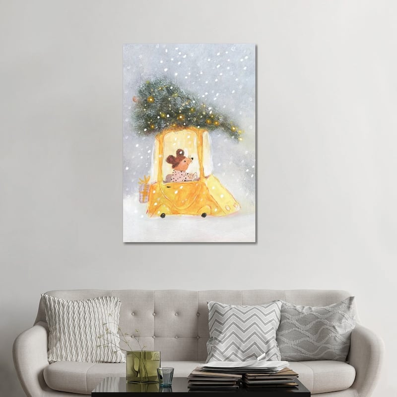 iCanvas "Little Mouse Carrying Christmas Tree On The Top Of The Car" by Natalia Shaloshvili Canvas Print - 48x32x1.5