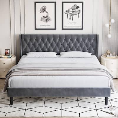 Upholstered Bed Frame with Velvet Headboard Wingback