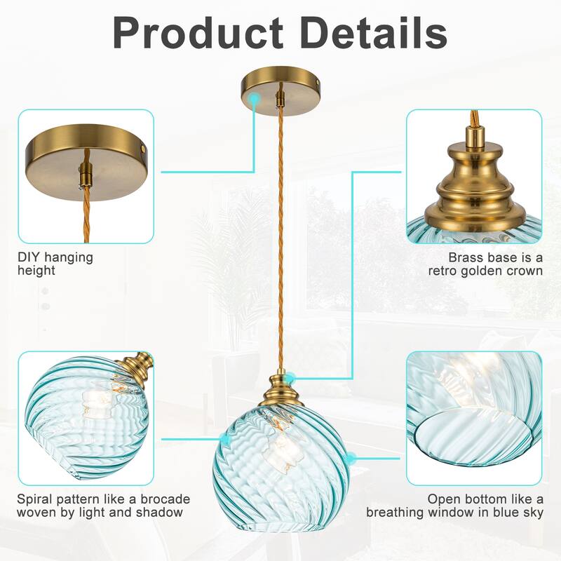 8" Blue Twisted Clear Glass Pendant Light Modern Kitchen Dining Room - Dia.8-in