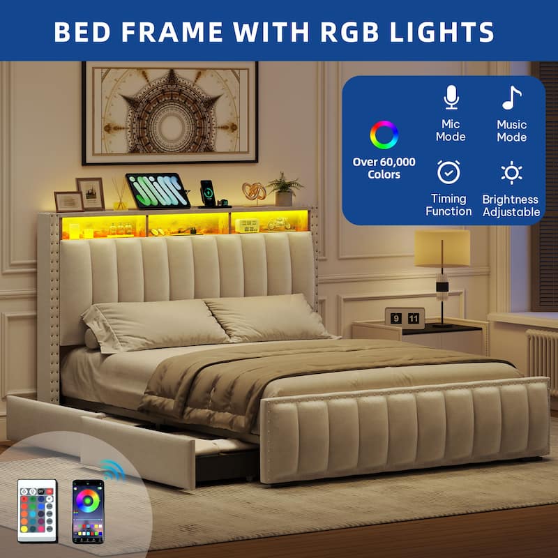 Moasis Full/Queen/King Velvet Upholstered Platform Bed Bedframe with Charging Station and 4 Storage Drawers