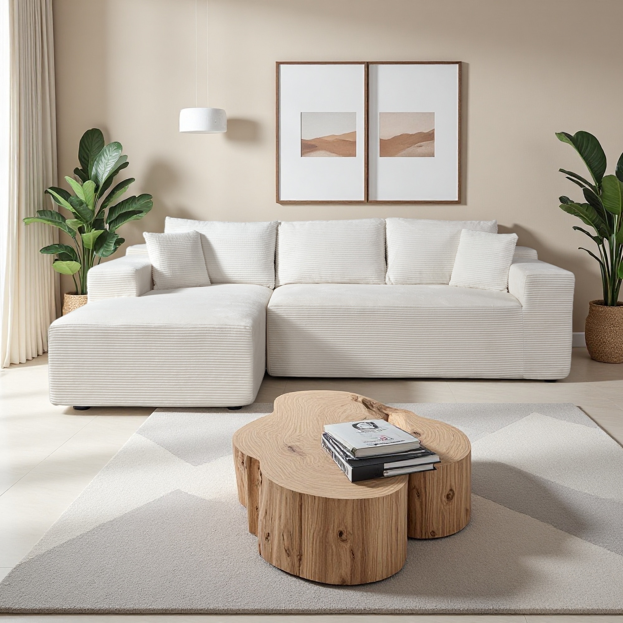 96.4" Corduroy L-Shaped 3-Seat Sectional Sofa with Pillows and Left Facing Chaise