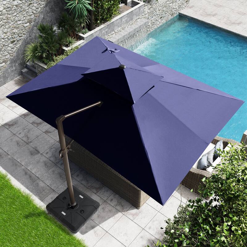 10X12.5 FT Outdoor Patio Dual Top Offset Umbrella 360 degrees Rotation with Weighted Base - Navy Blue