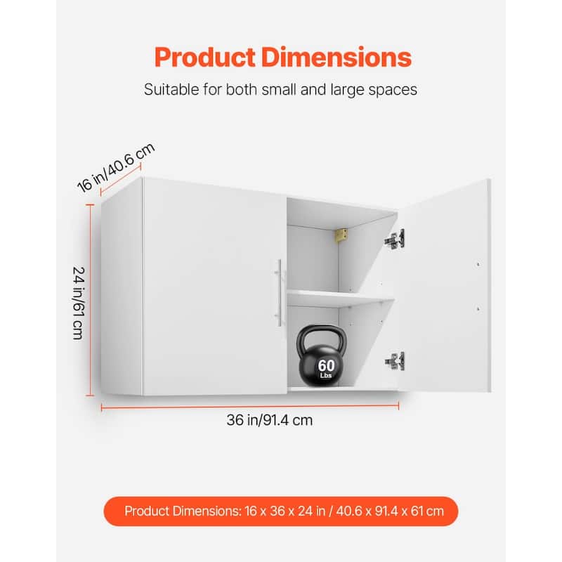 White Wall Cabinet with Adjustable Shelves and 2-Door Laundry Room Storage for Bathroom or Kitchen - 16" x 36" x 24"