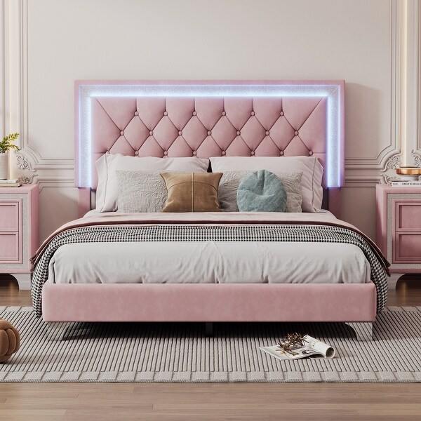 Pink velvet tufted bed discount
