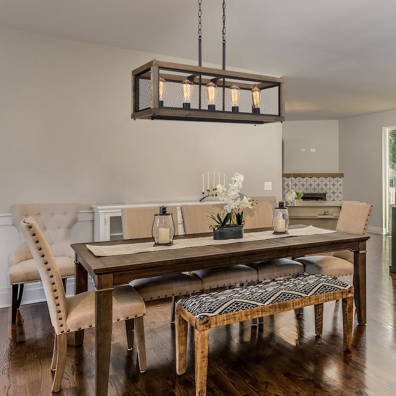 Campea Farmhouse 5-Light 31.5" Linear Wood Chandelier for Kitchen Island - L31.5"xW10"xH10"