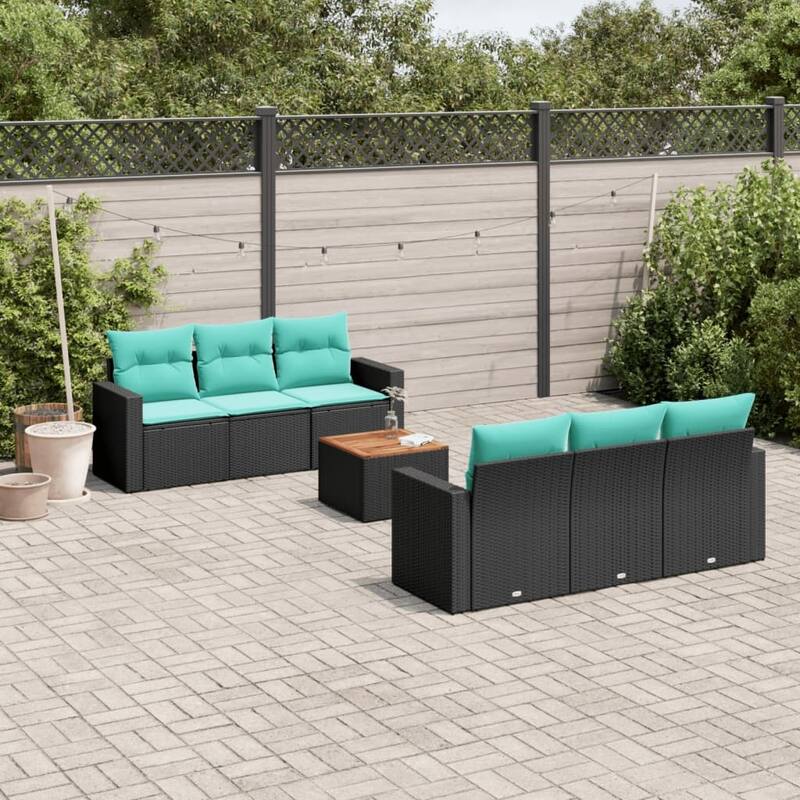vidaXL 7 Piece Patio Sofa Set with Cushions Black Poly Rattan - 21.7 x 24.4 x 27.2
