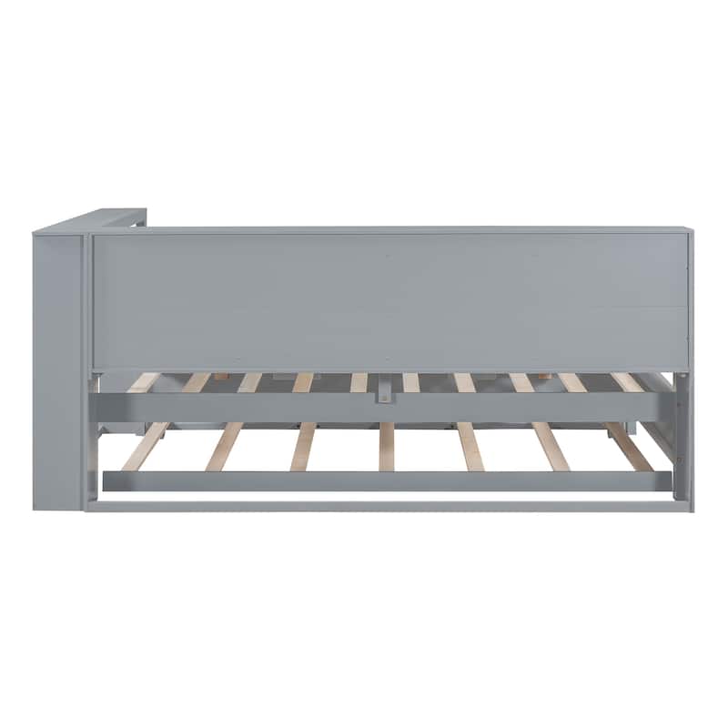 Wooden DayBed Sofa Bed Frame with L-Shape Storage Headboard, Platform Bed Pull-out Trundle Bed, USB Charging Ports