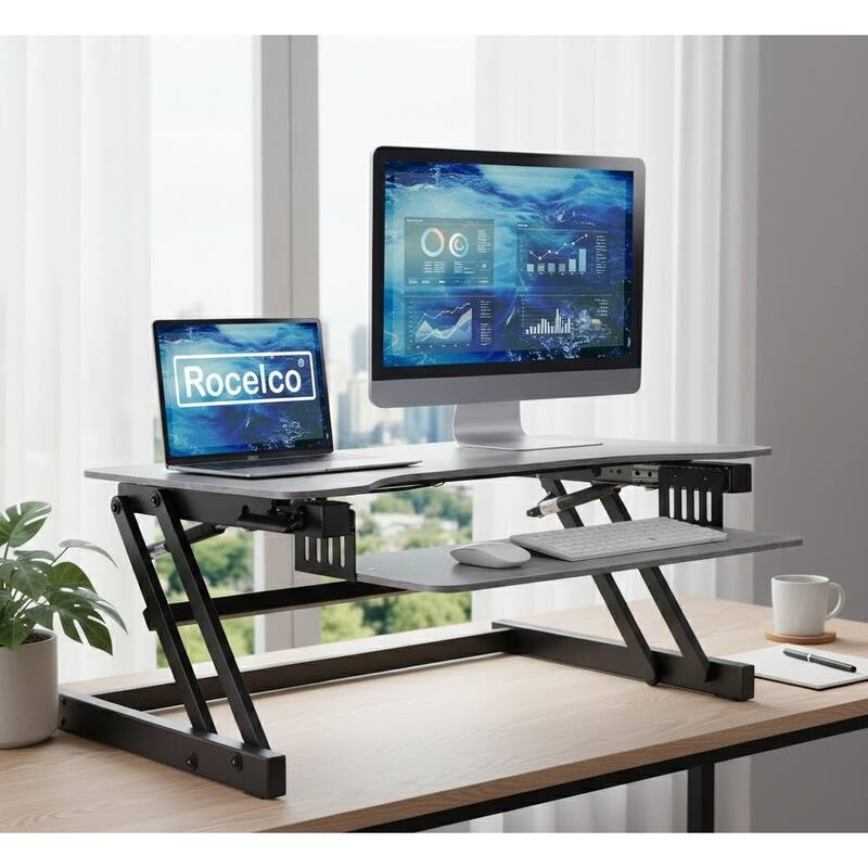 Rocelco 37.5 in. W Gray Height Adjustable Standing Desk Converter Keyboard Tray Double Monitor Riser Computer Workstation