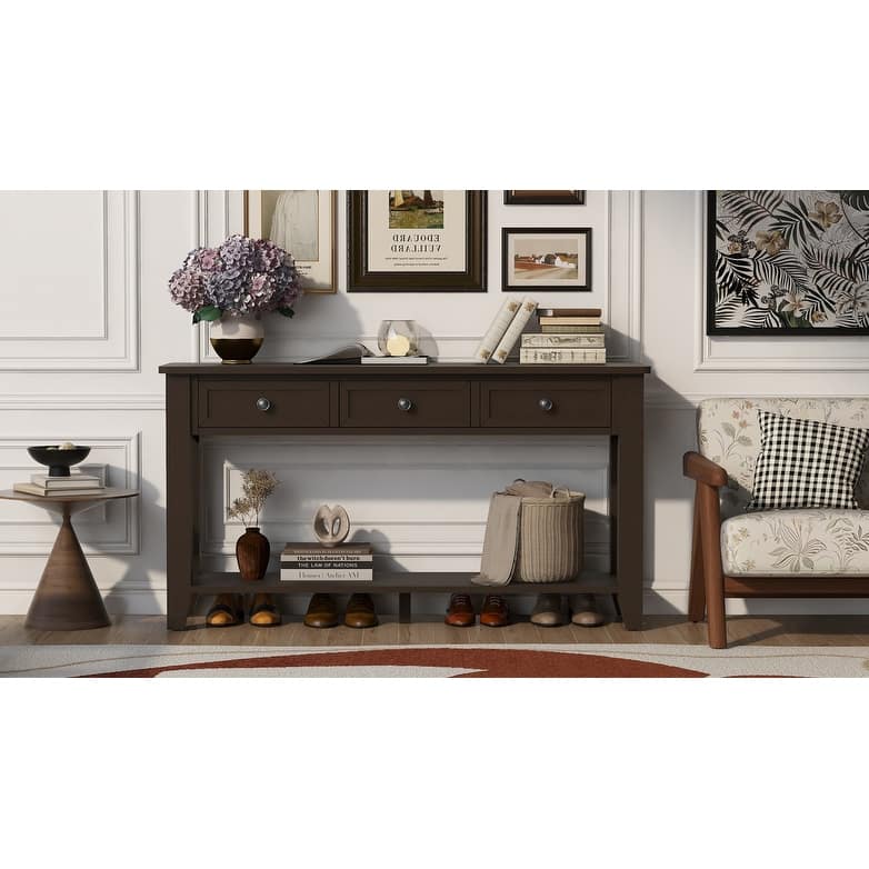 Roomfitters 55.4" Modern Console Table, Narrow Entryway Accent Table with Storage and Open Shelf, Hallway Sofa Table