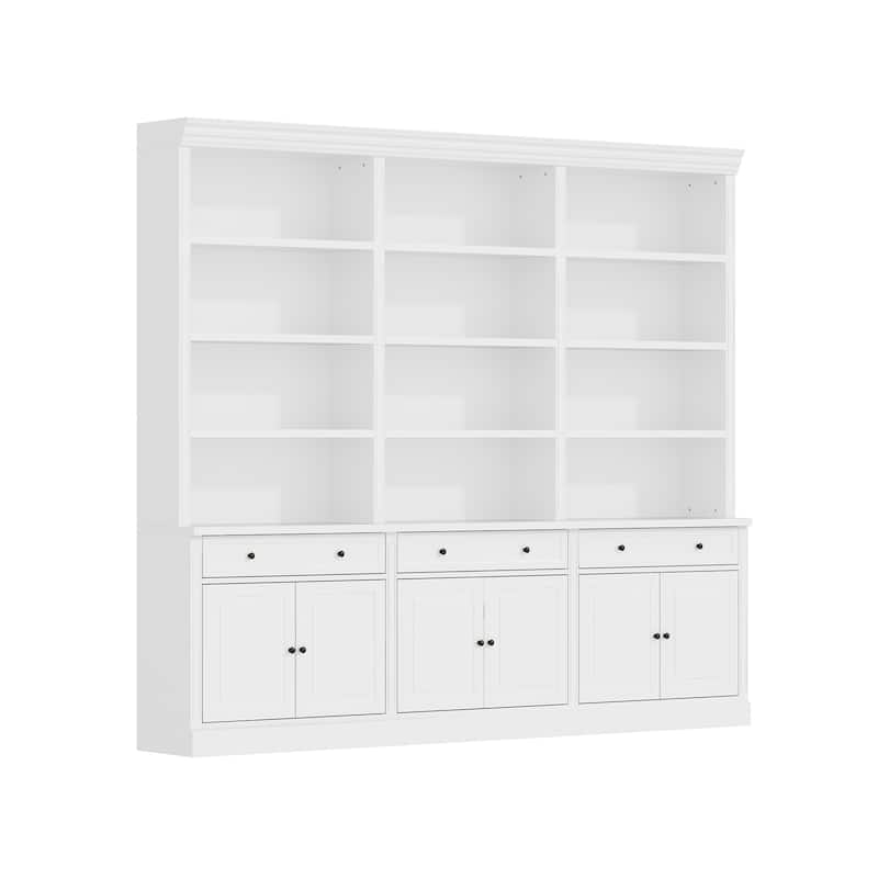 102.4" Large 6-Door Bookshelf w/Drawers Solid Pine Top Display Bookcase Bronze Handles White Storage Cabinet