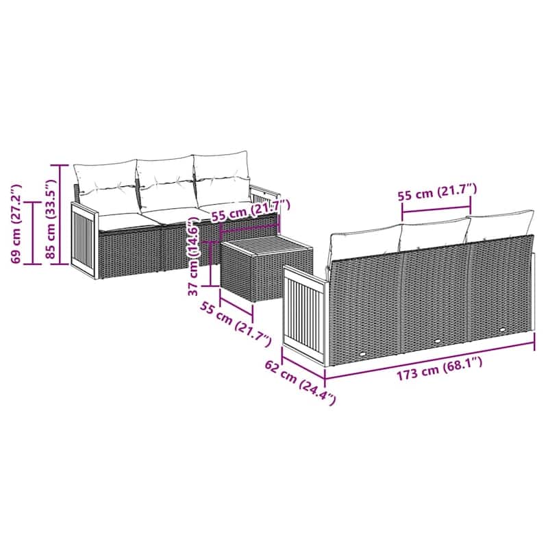 vidaXL Patio Sofa Set with Cushions Outdoor Furniture 7 Piece Poly Rattan - 21.7 x 21.7 x 14.6