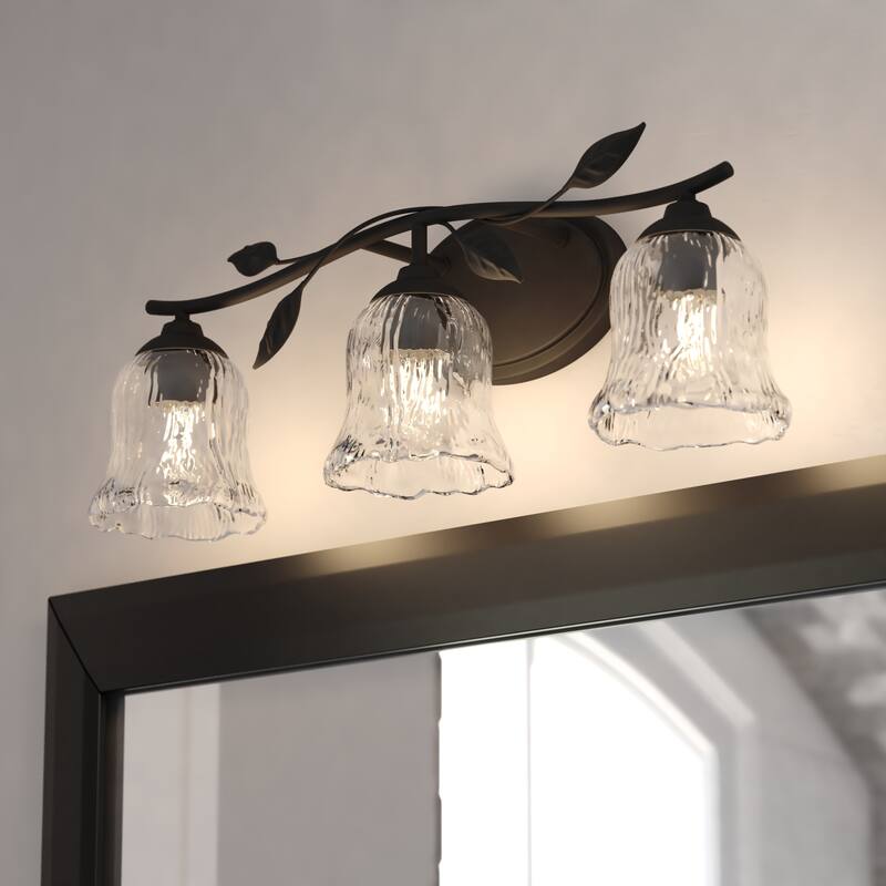 Fairwood 3-Light 21 in. Wide Black Rustic Bathroom Vanity Wall Lighting, Clear Glass Shade, Dimmable, LED Compatible - Matte Black - 21-in W x 7.5-in H x 6-in D